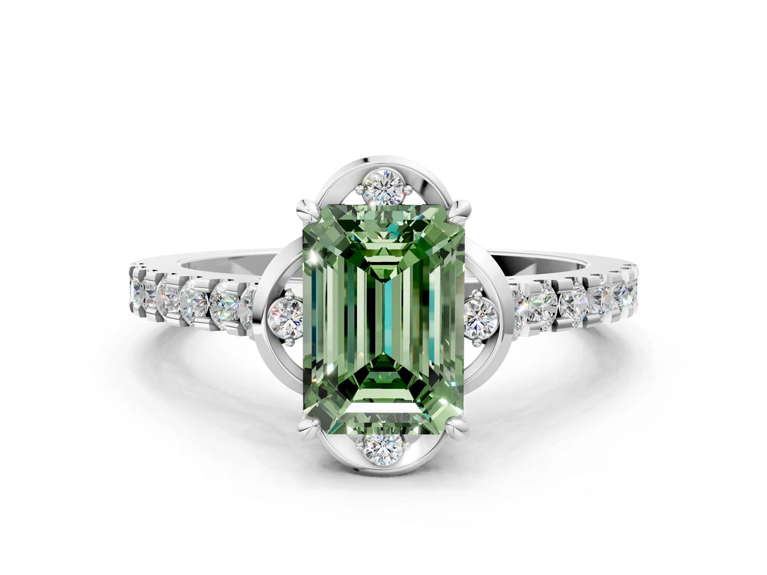 White gold Fancy Green Emerald Cut Diamond Ring with Pavé Band and Floral Prong Setting_39
