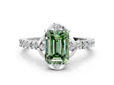 White gold Fancy Green Emerald Cut Diamond Ring with Pavé Band and Floral Prong Setting_39