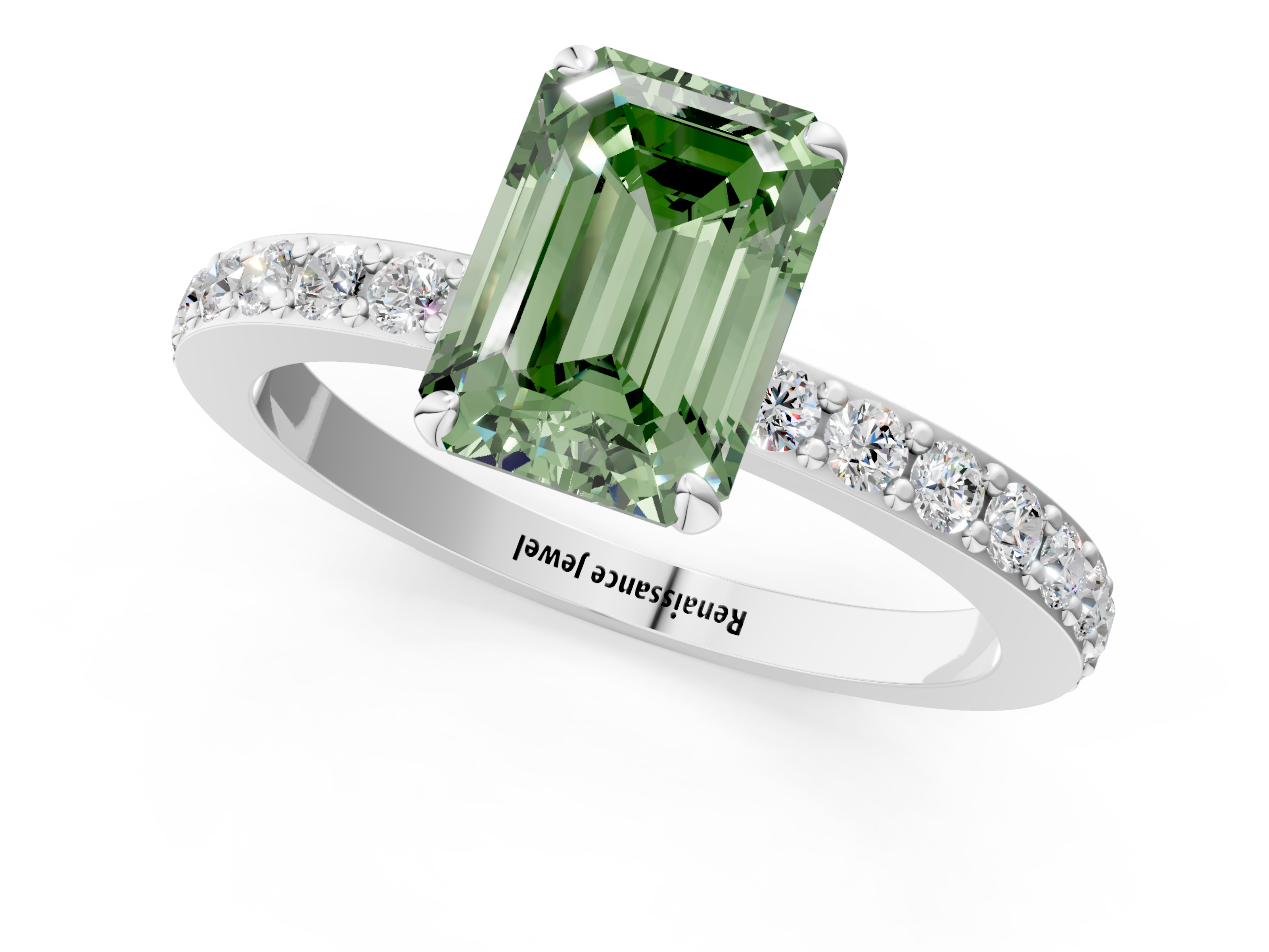 White gold Fancy Green Emerald  Cut Diamond Ring with Pavé Band and Four-Prong Setting_50