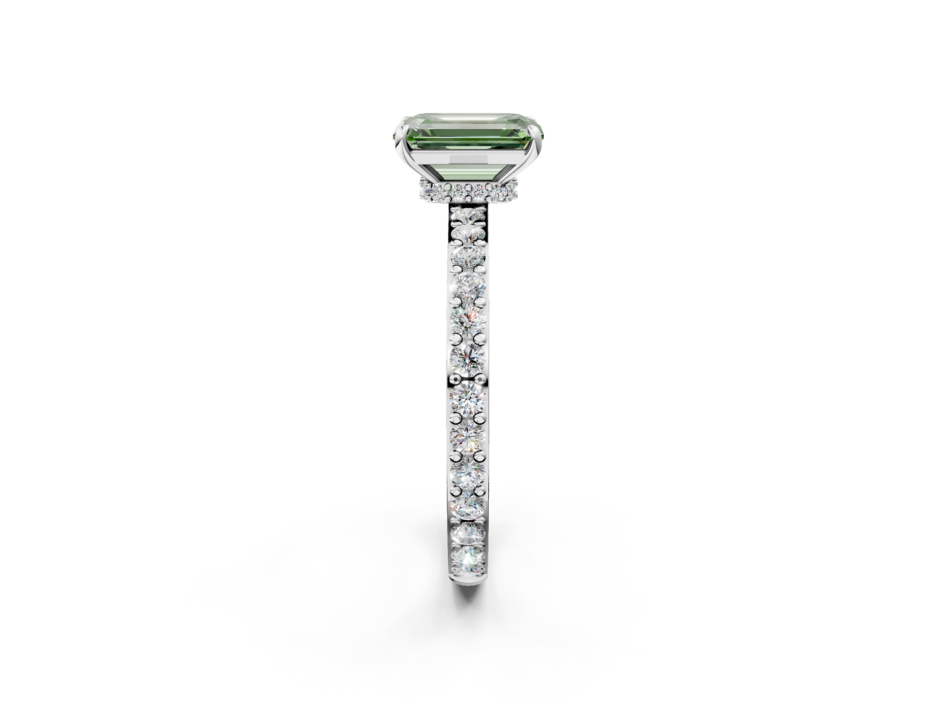 White gold Fancy Green Emerald  Cut Diamond Ring with Pavé Band and Four-Prong Setting_51