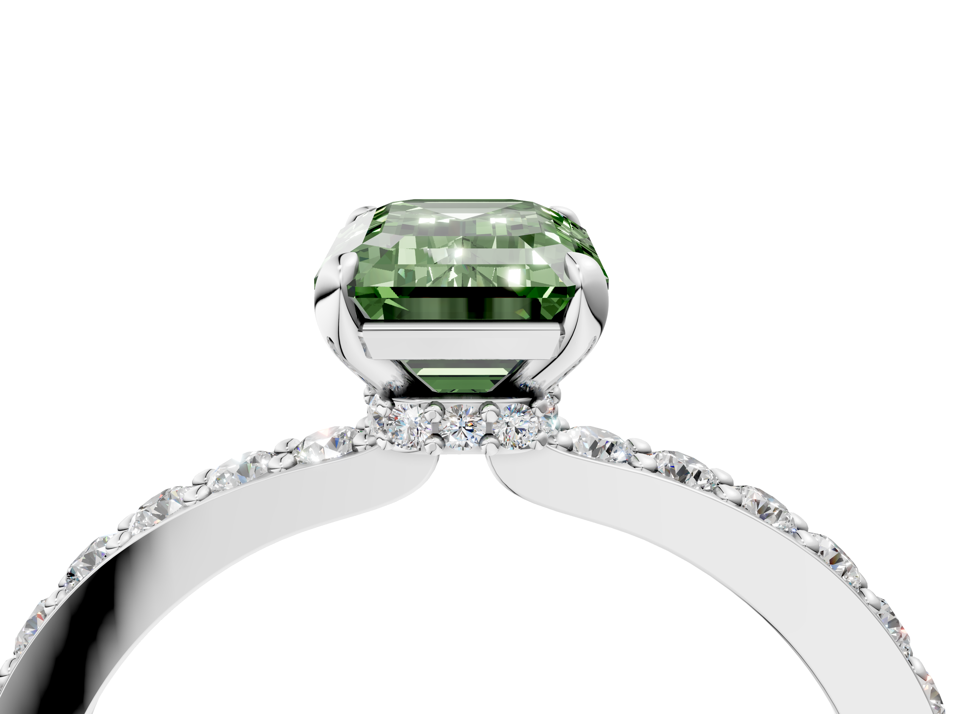 White gold Fancy Green Emerald  Cut Diamond Ring with Pavé Band and Four-Prong Setting_53