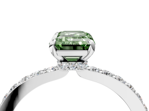 White gold Fancy Green Emerald  Cut Diamond Ring with Pavé Band and Four-Prong Setting_53