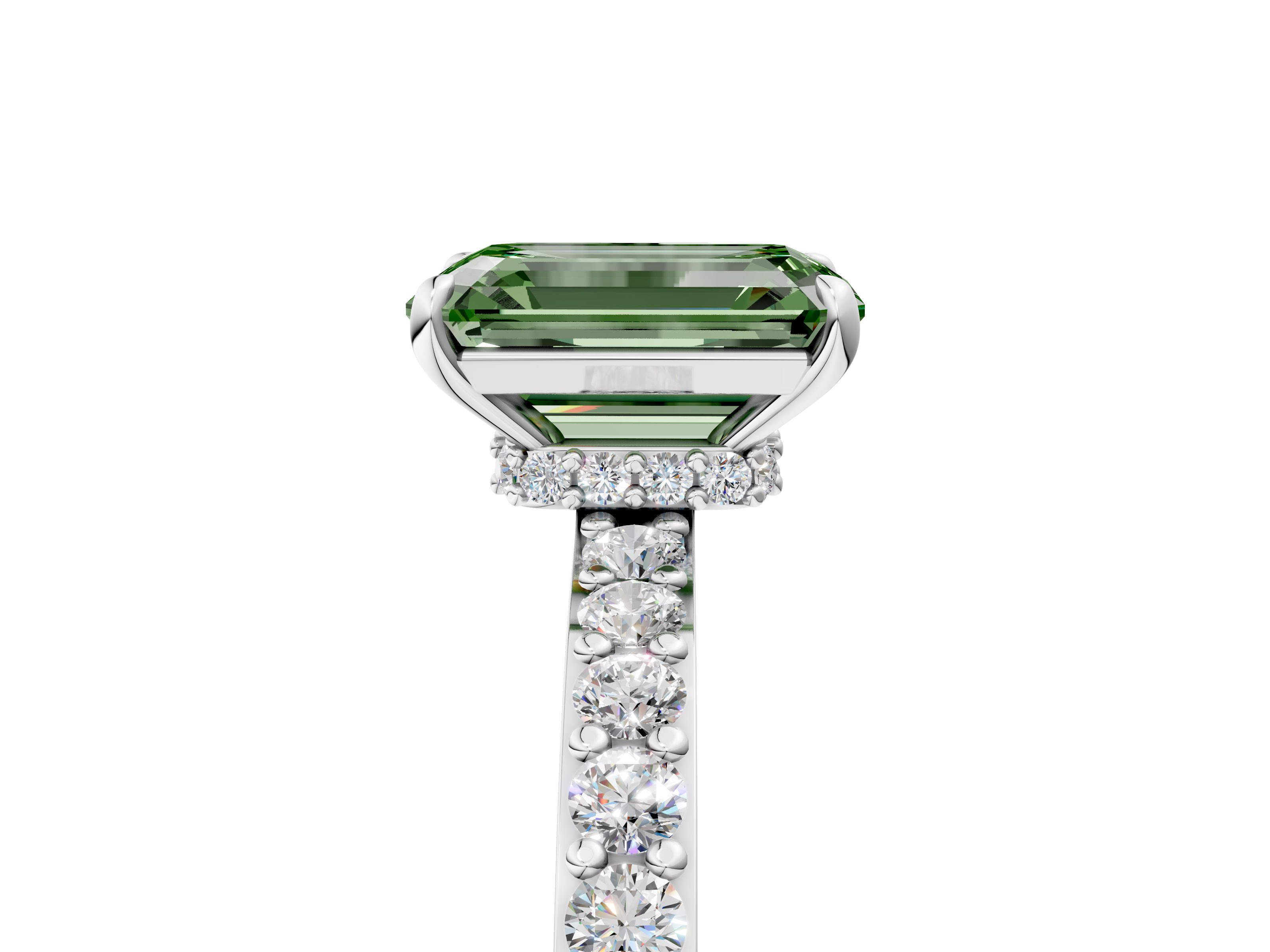 White gold Fancy Green Emerald  Cut Diamond Ring with Pavé Band and Four-Prong Setting_54
