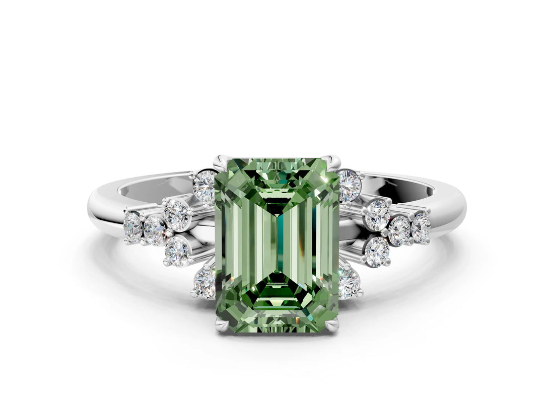 White gold Fancy Green Emerald Cut Diamond Ring with Side Stones and Four-Prong Setting_116