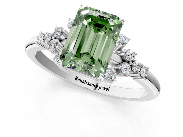 White gold Fancy Green Emerald Cut Diamond Ring with Side Stones and Four-Prong Setting