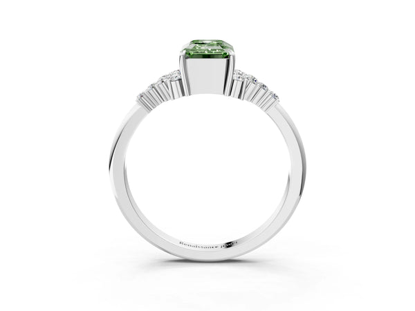 White gold Fancy Green Emerald Cut Diamond Ring with Side Stones and Four-Prong Setting