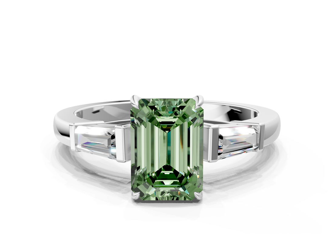 White gold Fancy Green Emerald  Cut Diamond Ring with Tapered Baguette Side Stones in Four-Prong Setting_3