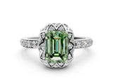 White gold Fancy Green Emerald Cut Diamond Scalloped Halo Engagement Ring with Round Shared Prong Band_14