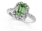 White gold Fancy Green Emerald Cut Diamond Scalloped Halo Engagement Ring with Round Shared Prong Band_15