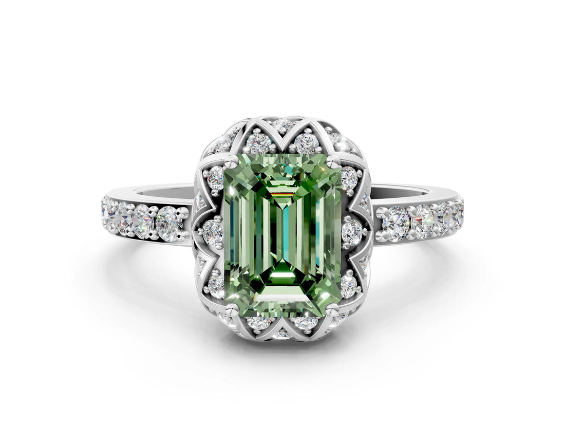 White gold Fancy Green Emerald Cut Diamond Scalloped Halo Engagement Ring with Round Shared Prong Band_20