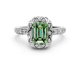 White gold Fancy Green Emerald Cut Diamond Scalloped Halo Engagement Ring with Round Shared Prong Band_20