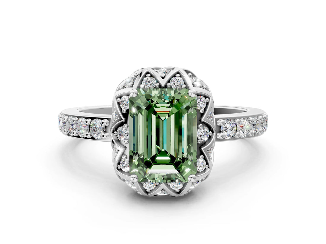 White gold Fancy Green Emerald Cut Diamond Scalloped Halo Engagement Ring with Round Shared Prong Band_38