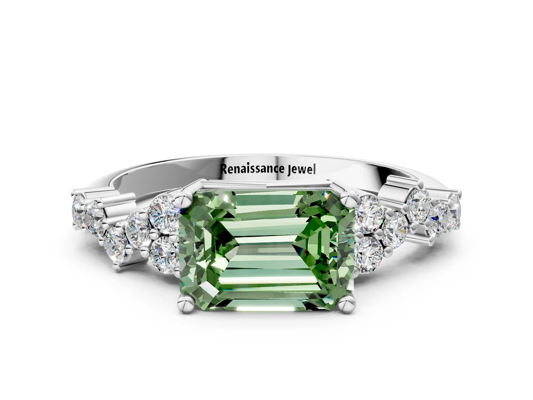 White gold Fancy Green Emerald Cut Diamond Scattered Round Accent Ring with Prong Setting_12