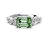 White gold Fancy Green Emerald Cut Diamond Scattered Round Accent Ring with Prong Setting_12