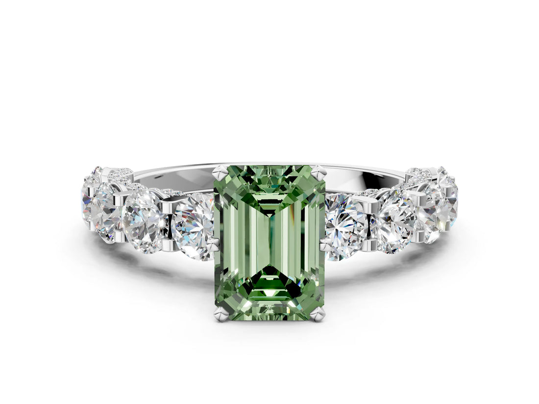 White gold Fancy Green Emerald Cut Diamond Side Stone Engagement Ring with Four-Prong Setting_24