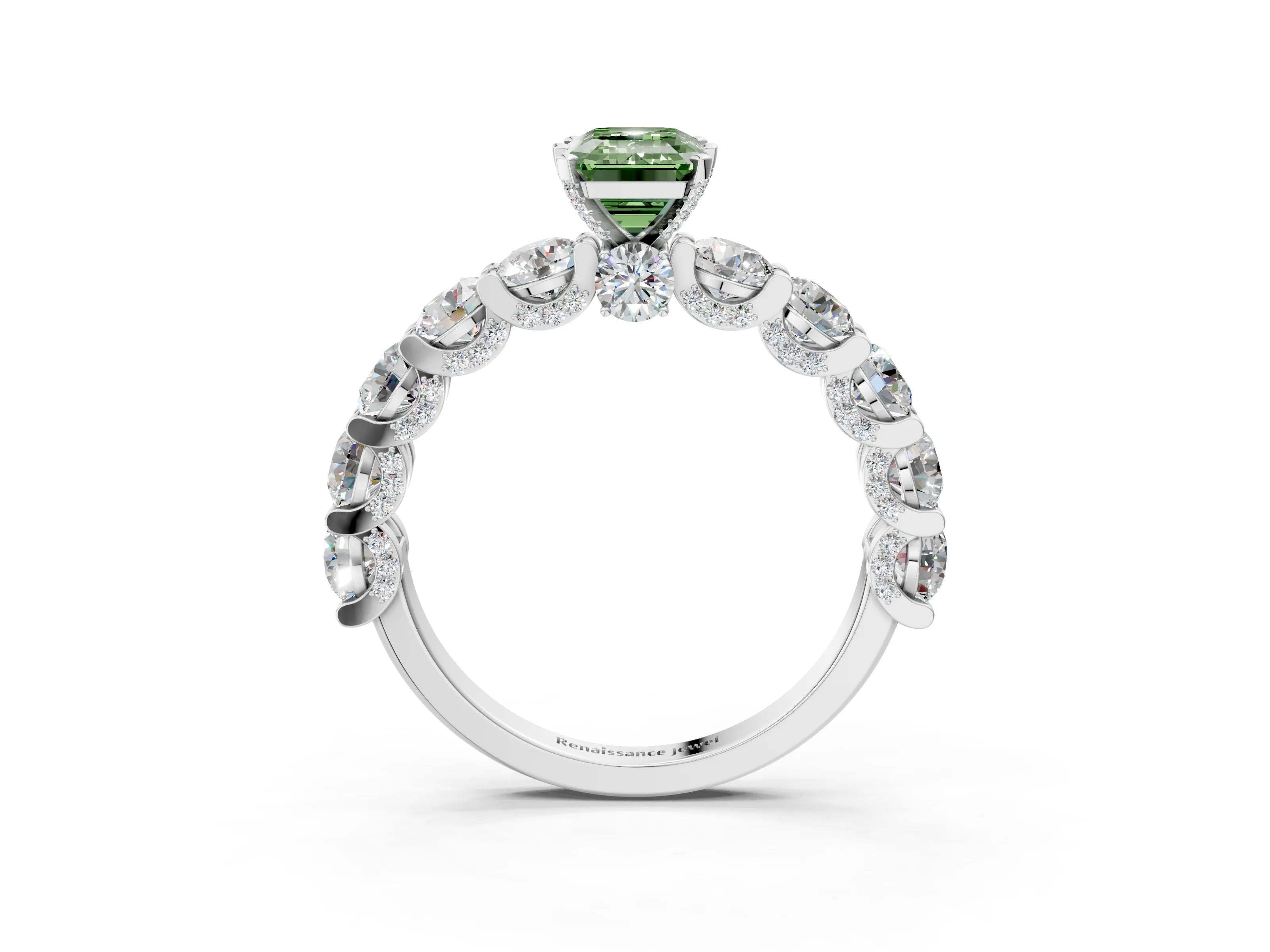 White gold Fancy Green Emerald Cut Diamond Side Stone Engagement Ring with Four-Prong Setting_27