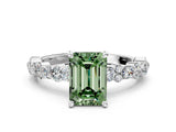 White gold Fancy Green Emerald Cut Diamond Side Stone Solitaire Ring with Round  and Four-Prong Setting_12
