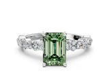 White gold Fancy Green Emerald Cut Diamond Side Stone Solitaire Ring with Round  and Four-Prong Setting_132