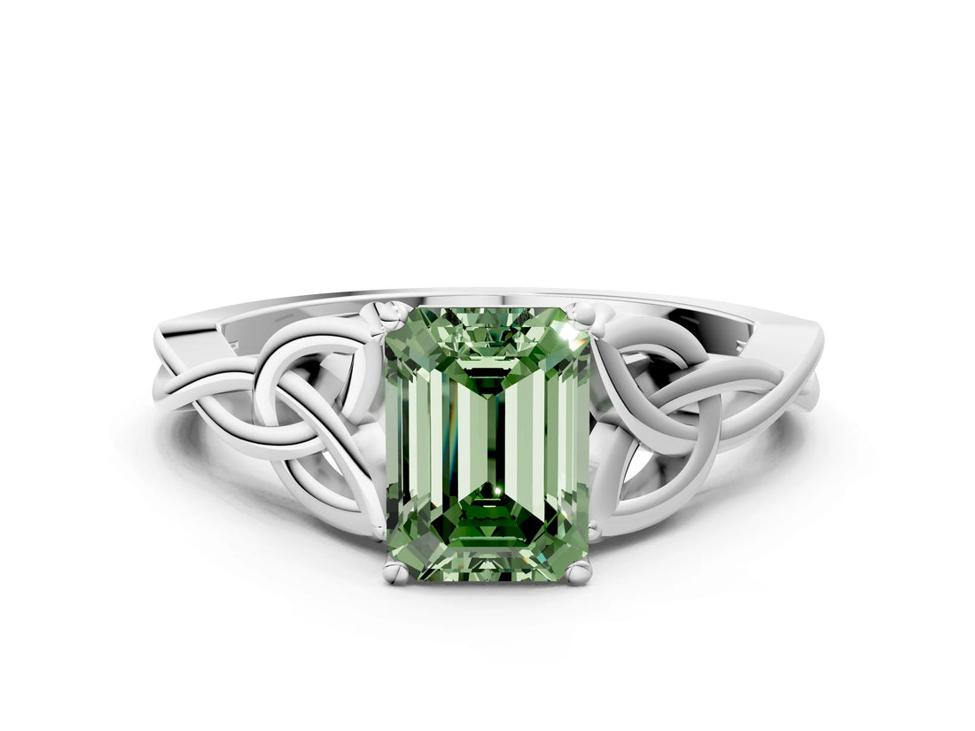 White gold Fancy Green Emerald Cut Diamond Solitaire Celtic Knot Ring with Four-Prong Setting_117