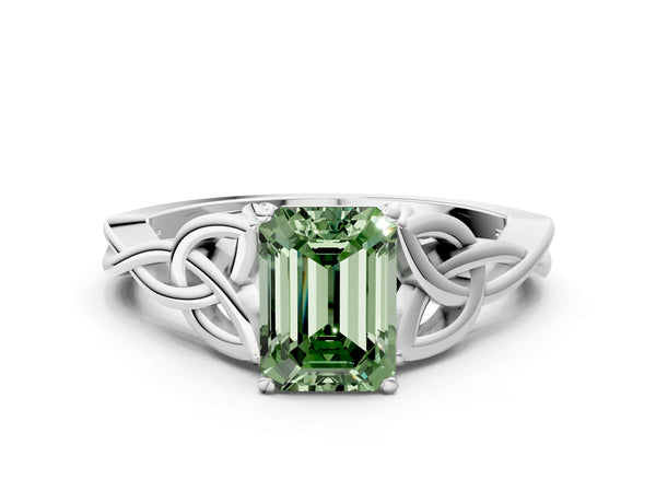 White gold Fancy Green Emerald Cut Diamond Solitaire Celtic Knot Ring with Four-Prong Setting