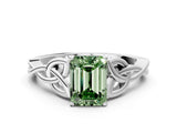 White gold Fancy Green Emerald Cut Diamond Solitaire Celtic Knot Ring with Four-Prong Setting_118