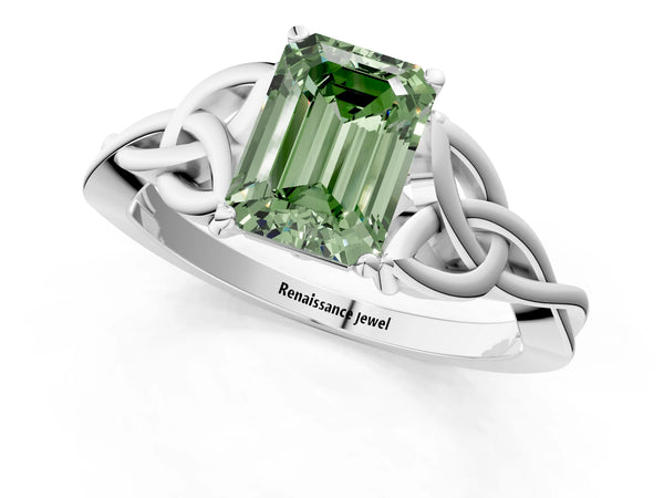 White gold Fancy Green Emerald Cut Diamond Solitaire Celtic Knot Ring with Four-Prong Setting