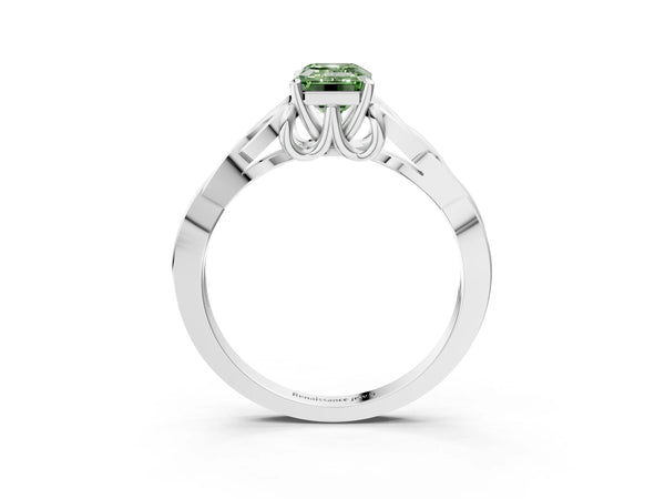 White gold Fancy Green Emerald Cut Diamond Solitaire Celtic Knot Ring with Four-Prong Setting
