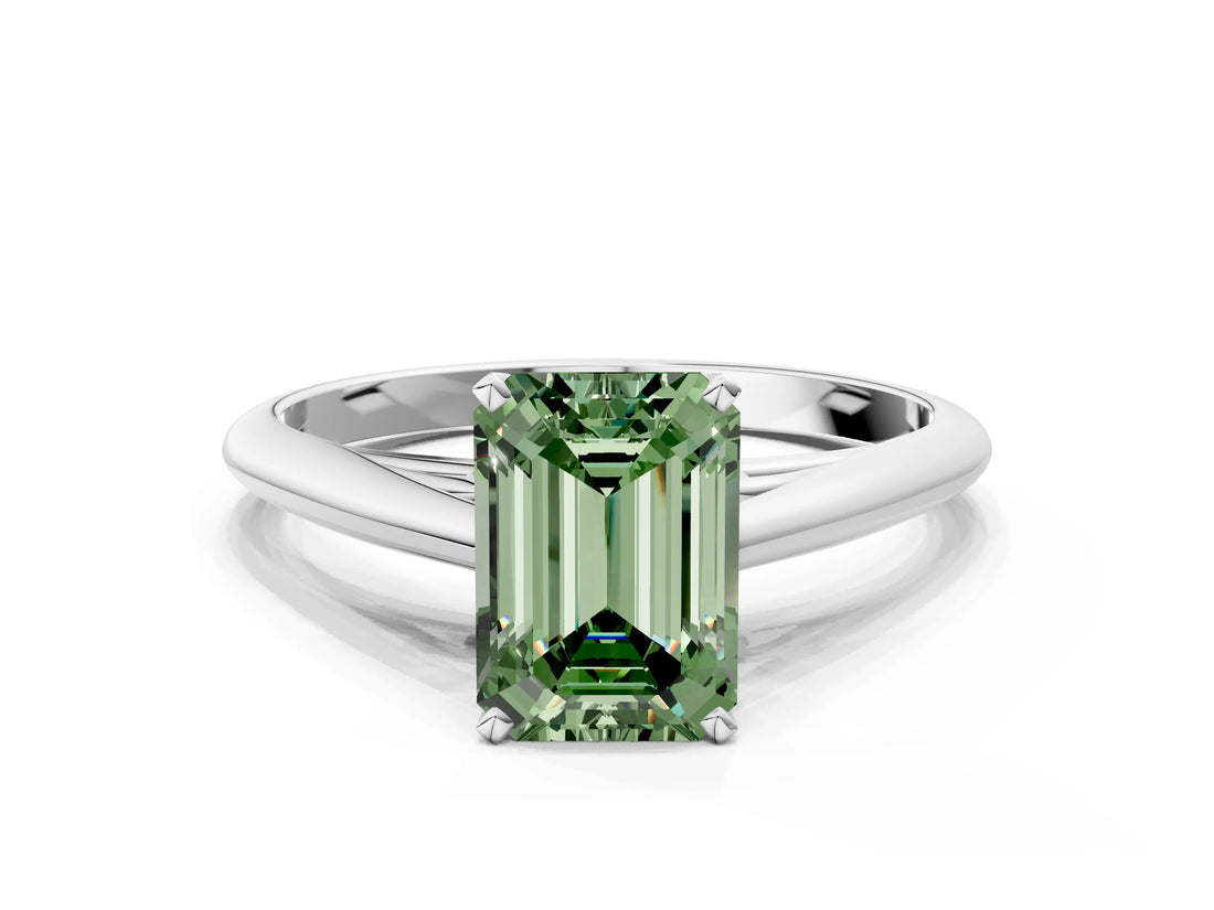 White gold Fancy Green Emerald Cut Diamond Solitaire Engagement Ring with Cathedral Setting and Four-Prong Mount_172