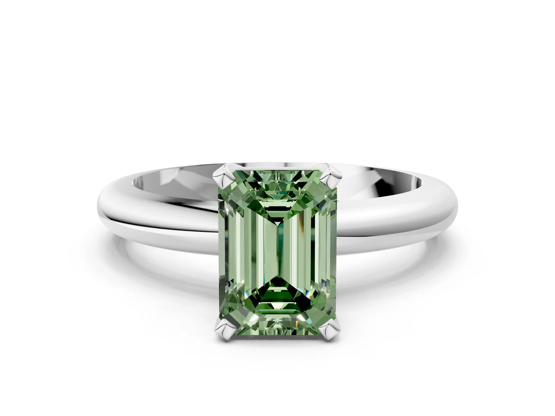 White gold Fancy Green Emerald Cut Diamond Solitaire Engagement Ring with Round Band and Four-Prong Setting_162
