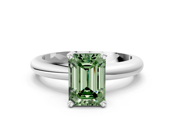 White gold Fancy Green Emerald Cut Diamond Solitaire Engagement Ring with Round Band and Four-Prong Setting