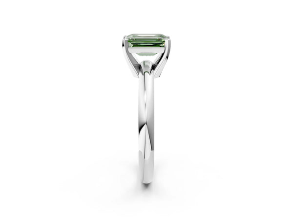 White gold Fancy Green Emerald Cut Diamond Solitaire Engagement Ring with Round Band and Four-Prong Setting