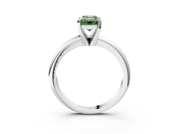 White gold Fancy Green Emerald Cut Diamond Solitaire Engagement Ring with Round Band and Four-Prong Setting