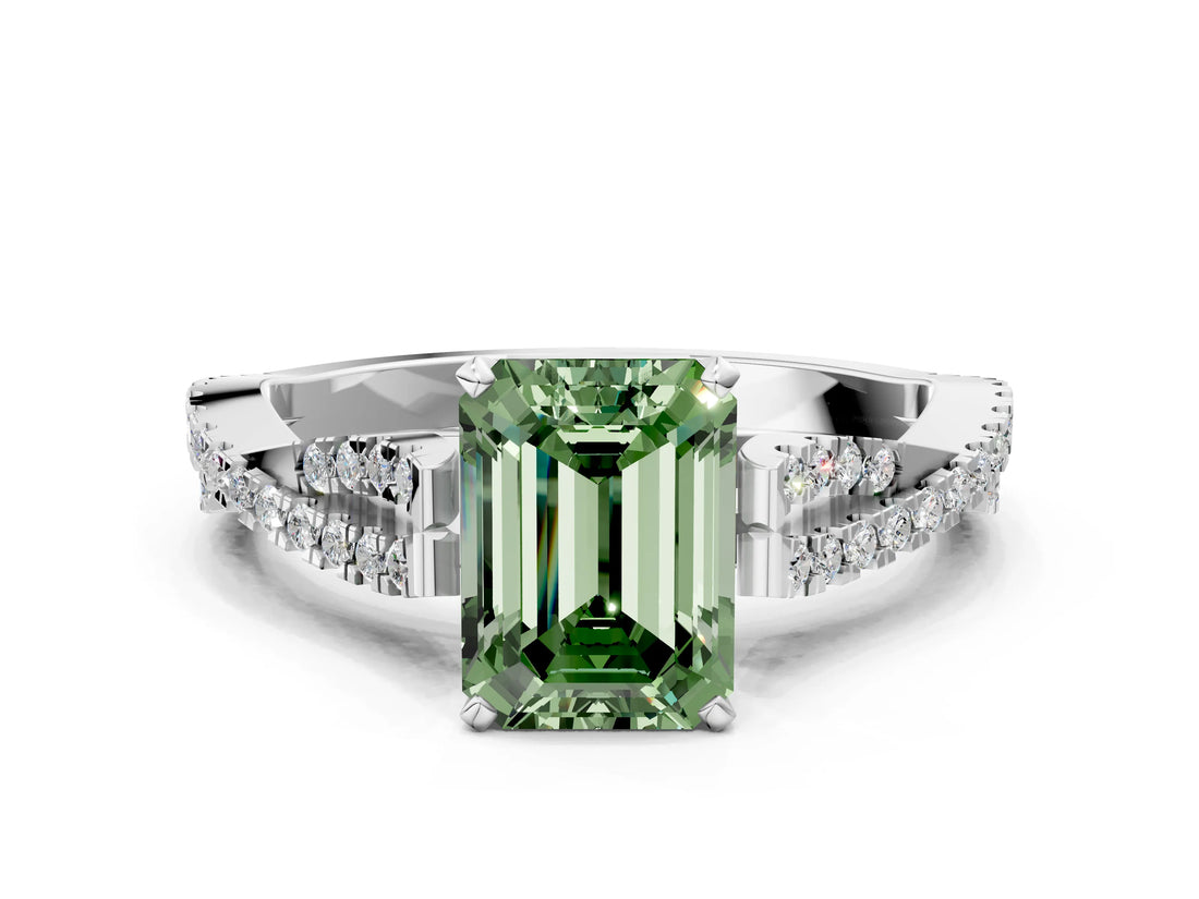 White gold Fancy Green Emerald Cut Diamond Solitaire Engagement Ring with Twisted Pavé Band and Four-Prong Setting_104