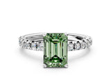 White gold Fancy Green Emerald Cut Diamond Solitaire Pavé Engagement Ring with Round Band and Prong Setting_62