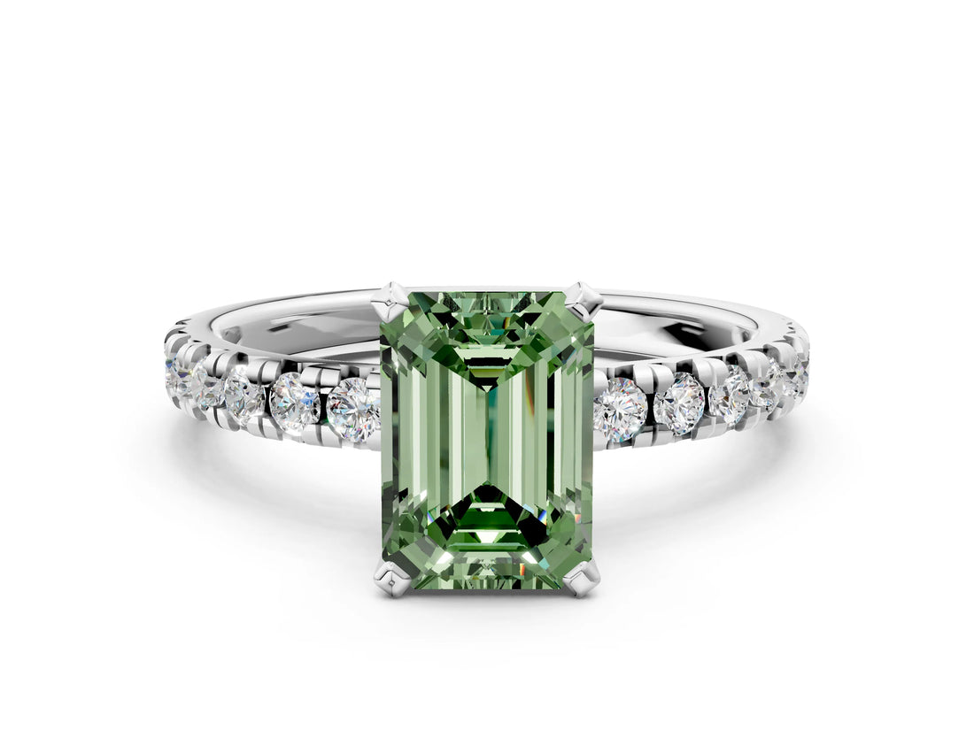 White gold Fancy Green Emerald Cut Diamond Solitaire Pavé Engagement Ring with Round Band and Prong Setting_68