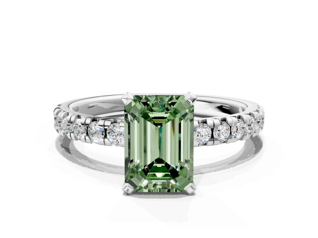 White gold Fancy Green Emerald Cut Diamond Solitaire Pavé Engagement Ring with Round Band and Prong Setting_92