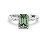 White gold Fancy Green Emerald Cut Diamond Solitaire Ring with Beaded Band and Prong Setting_391