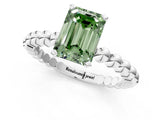 White gold Fancy Green Emerald Cut Diamond Solitaire Ring with Beaded Band and Prong Setting_392