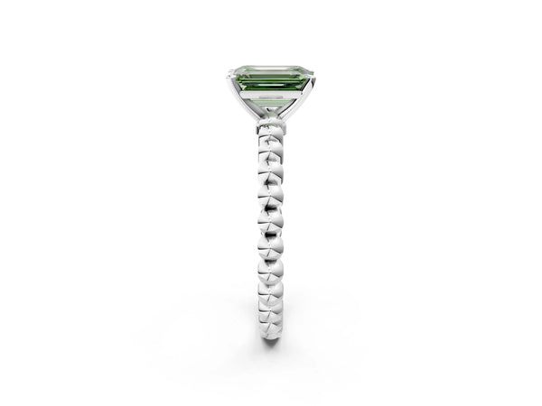 Platinum Fancy Green Emerald Cut Diamond Solitaire Ring with Beaded Band and Prong Setting
