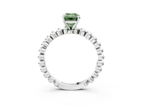 Platinum Fancy Green Emerald Cut Diamond Solitaire Ring with Beaded Band and Prong Setting