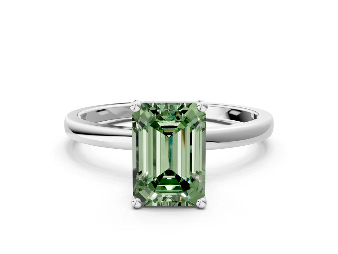 White gold Fancy Green Emerald Cut Diamond Solitaire Ring with Classic Band and Four-Prong Setting