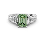 White gold Fancy Green Emerald Cut Diamond Solitaire Ring with Filigree Band and Four-Prong Setting_76
