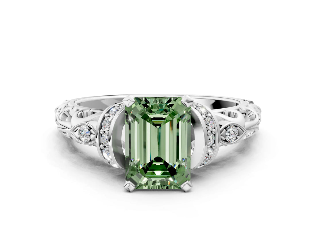 White gold Fancy Green Emerald Cut Diamond Solitaire Ring with Filigree Band and Four-Prong Setting_76