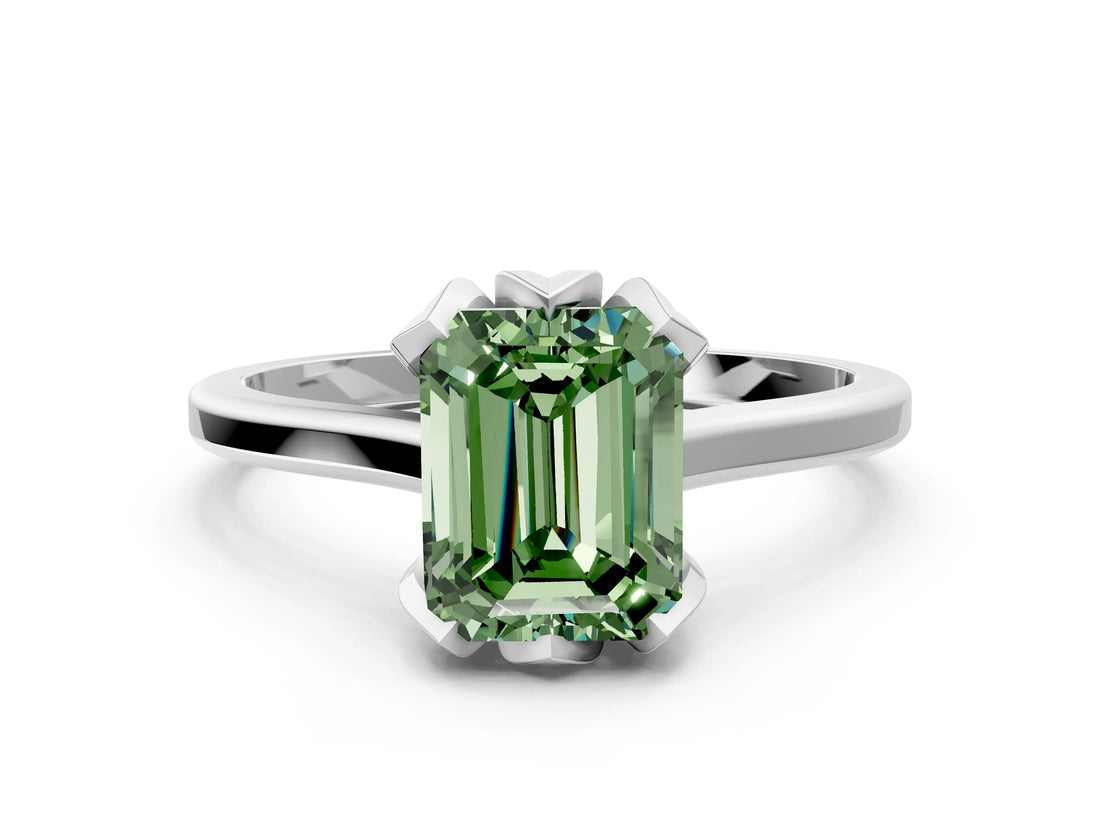 White gold Fancy Green Emerald Cut Diamond Solitaire Ring with Flower Prong Setting and Classic Band_44