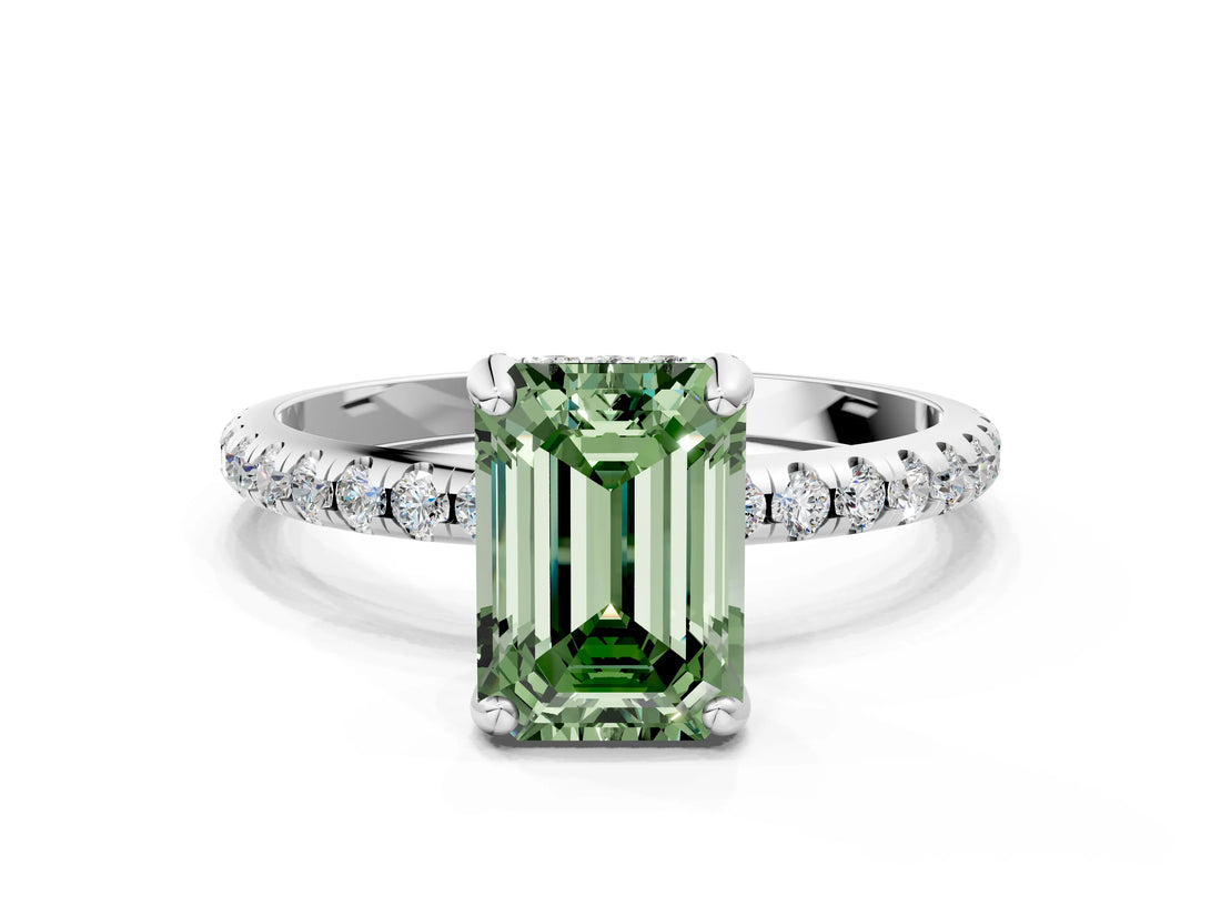 White gold Fancy Green Emerald Cut Diamond Solitaire Ring with Four-Prong Setting and Pavé Band_3