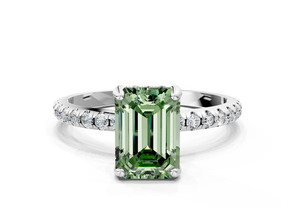 Platinum Fancy Green Emerald Cut Diamond Solitaire Ring with Four-Prong Setting and Pavé Band