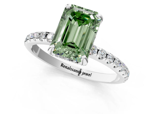 Platinum Fancy Green Emerald Cut Diamond Solitaire Ring with Four-Prong Setting and Pavé Band