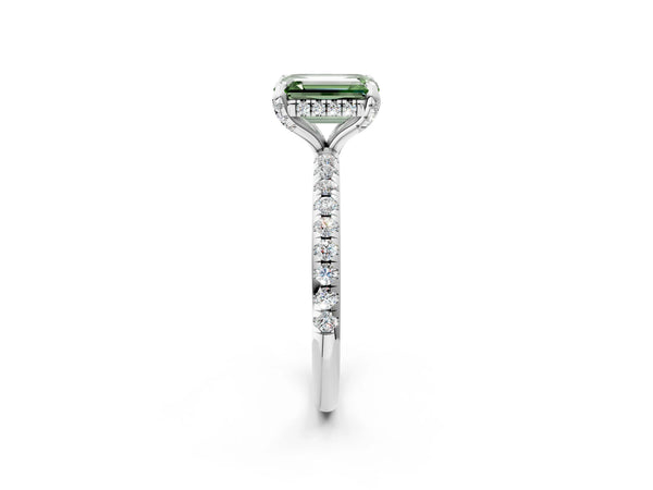 Platinum Fancy Green Emerald Cut Diamond Solitaire Ring with Four-Prong Setting and Pavé Band
