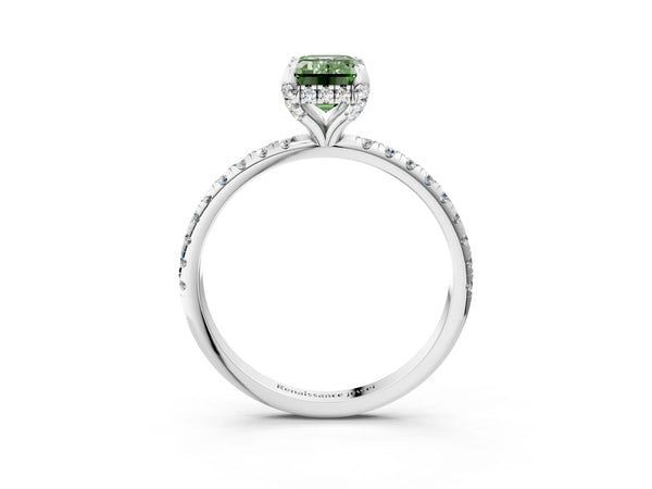 Platinum Fancy Green Emerald Cut Diamond Solitaire Ring with Four-Prong Setting and Pavé Band