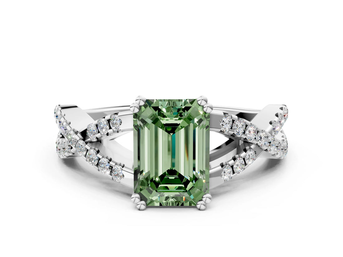 White gold Fancy Green Emerald Cut Diamond Solitaire Ring with Four-Prong Setting and Twisted Pavé Band_34
